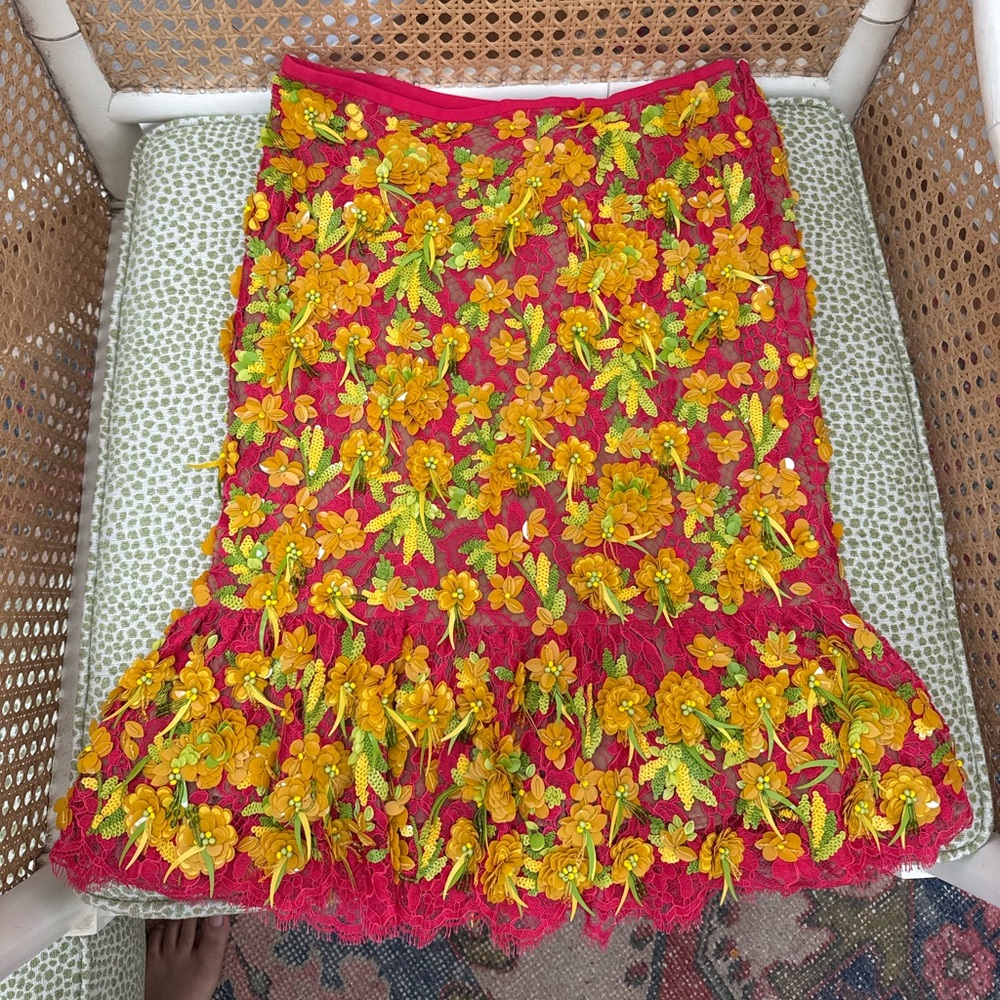 Michael Kors Collection Pink Midi Skirt with Yellow Floral Beading